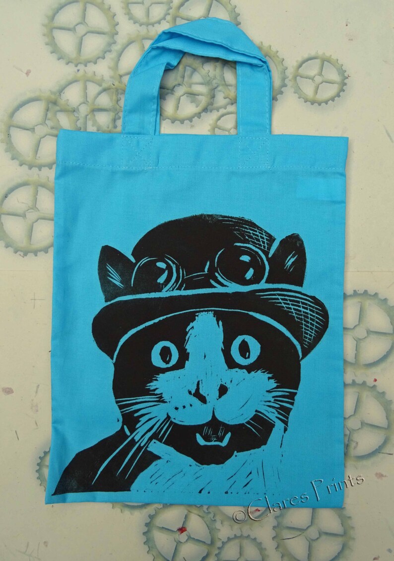 Steampunk Cat Bag Hand Printed Mini Tote Shopping Bag Children