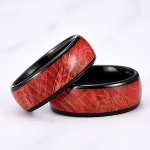 Men&#39;s Black Tungsten Ring with Red Wood Inlay – Polished Comfort Fit Wedding Band, Anniversary Gift, Unique Men&#39;s Jewelry