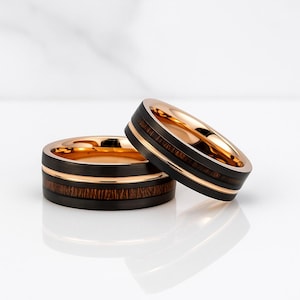Men&#39;s Black Tungsten Ring with Rose Gold & Koa Wood Inlay – Unique Wedding Band or Anniversary Gift