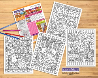 Christmas Coloring Page 4 pack, Holiday Designs, Xmas Seasonal Coloring Book, PDF Instant Download, Printable Digital Illustration Art