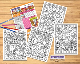 Weihnachten Malseite 4er Pack, Feiertags-Designs, Weihnachten saisonales Malbuch, PDF Instant Download, druckbare digitale Illustrationskunst