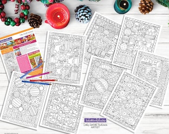 Christmas Coloring 8 Page pack, Holiday Designs Seasonal Coloring Book, PDF Instant Download, Printable Coloring Digital Illustration Art