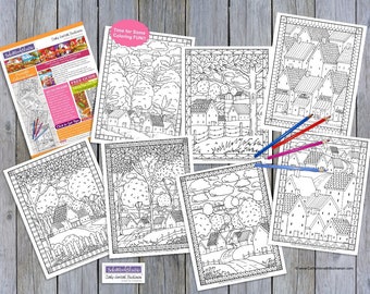 Folk Kunst Stadt Land Dorf Landschaft Malseiten 7 Pack, Malvorlagen PDF Instant Download, druckbare digitale Illustration Kunstwerk