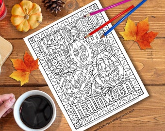 Halloween Stitchery Coloring Page, Fall Activity Coloring Sheet PDF Instant Download, Pumpkin Printable Halloween Digital Illustration