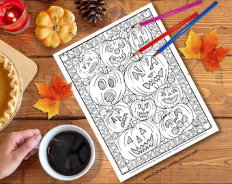 Pumpkins Halloween Coloring Page, Jack O Lantern Coloring Sheet PDF Instant Download, Fall Activity Printable Halloween Digital Illustration