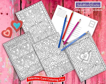 Valentinstag Malkarten 4 Set Kit, Liebe Herzen Kartendesigns plus Umschlag, Erwachsene Färbung PDF Instant Download, druckbare digitale Kunst