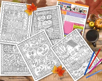 Halloween Art Coloring Pages 5 Pack, Fall Pumpkin Pattern Coloring Book PDF Download, Printable Digital Illustration Artwork