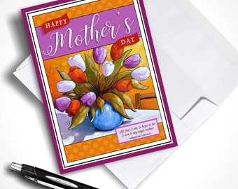 Happy Mothers Day Greeting Card Printable Art, Tulip Vase Printable Card for Mom with Envelope, Comes as PDF + JPG Instant Download Artwork