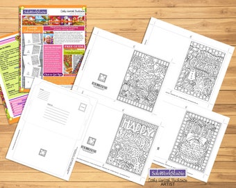Weihnachtsfarbkarten 4 Set, festliche Weihnachten Urlaub Kartendesigns mit Umschlag, Färbung PDF Instant Download, druckbare digitale Kunst