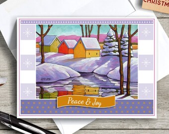 Holiday Printable Card, Christmas Card with Snowy Reflection Folk Art Winter Scene, Greeting Card Art + Envelope Kit, PDF Instant Download