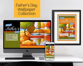 Fathers day downloads, Scenic cottage canoe artwork digital phone computer devices + printable wall art, Instant digital art bundle for dad