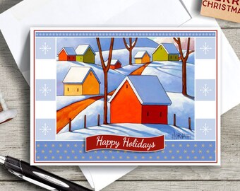 Christmas Printable Card, Snowy Hills Happy Holidays Folk Art Winter Scene, Greeting Card Art + Envelope Kit, PDF Instant Download Artwork