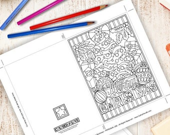 Kit de cartes à colorier joyeux Noël, carte de vœux d’arbre de Noël plus enveloppe, téléchargement instantané PDF, illustration coloriage art numérique imprimable