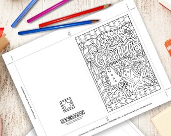 Seasons Greetings Coloring Card Kit, Festive Christmas Card + Envelope, Adult Coloring PDF Instant Download, Illustration Printable Digital