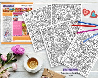 Valentinstag Malseiten 4 Set, Liebe Herz Worte Erwachsene Färbung, PDF Sofort-Download, Printable digitale Kunst Illustration Kunsthandwerk
