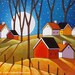 Autumn Night Full Moon Cottages Art Print, 8x11 Folk Art Night Countryside Trees Landscape Reproduction Artwork by Cathy Horvath Buchanan