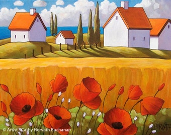 Field Poppies 8x11 Art Print Giclee, Modern Folk Art Print Country Flower Cottages by Horvath, Home Decor Wall Landscape Artwork, Art Gift