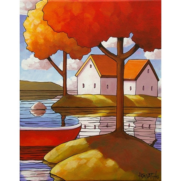 PAINTING ORIGINAL 11x14 Folk Art Fall Red Canoe Cottage Retreat Modern Colorful Autumn Landscape Ready to Hang Acrylic on Canvas by Horvath