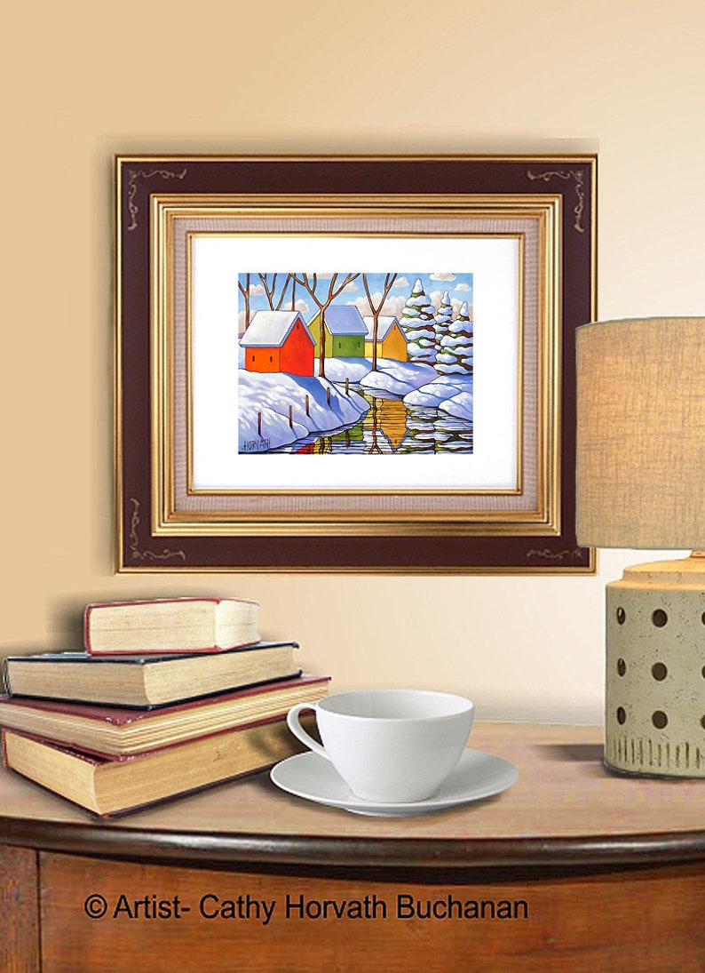 Seasonal Home Decor Artwork Gift Winter Snow 5x7 Print Giclee by Cathy Horvath Christmas Cabin Folk Art Print River Reflection Landscape