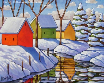 Winter Snow 5x7 Print, Christmas Cabin Folk Art Print, Giclee by Cathy Horvath, River Reflection Landscape, Seasonal Home Decor Artwork Gift