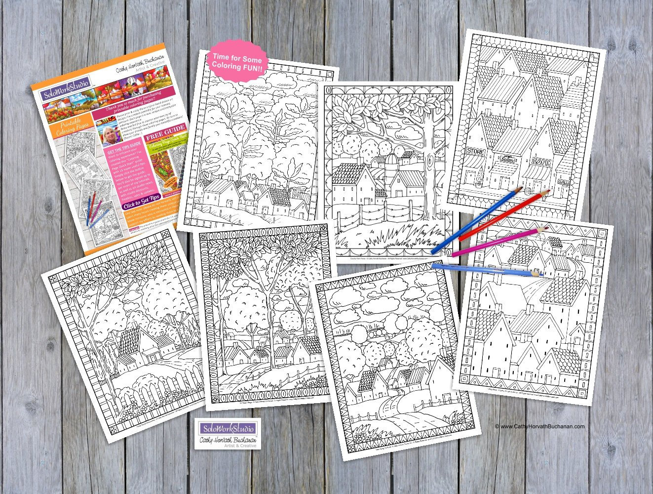 Folk Art Town Country Village Landscape Coloring Pages 7 Pack , Coloring Sheets PDF Instant Download, Printable Digital Illustration Artwork