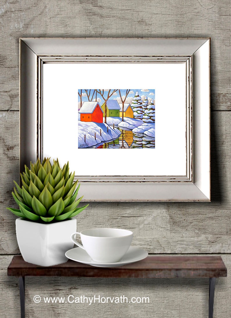 Seasonal Home Decor Artwork Gift Winter Snow 5x7 Print Giclee by Cathy Horvath Christmas Cabin Folk Art Print River Reflection Landscape