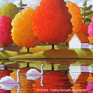 Swans River 5x7 Art Print Giclee Landscape, Fall Tree Colors, Folk Art Print by Cathy Horvath, Scenic Autumn Water Reflections, Art Decor