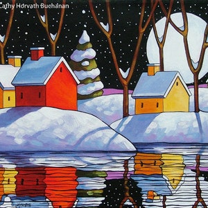 Winter Night 5x7 Print, Folk Art Print Christmas Eve Full Moon, Snow River Reflection, Waterside Landscape Artwork Giclee by Cathy Horvath