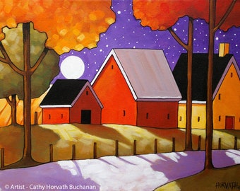 Autumn Night 5x7 Print, Country Moon Folk Art Print, Fall Farm Road Red Barn Landscape, Home Decor Artwork Giclee, by Artist Cathy Horvath