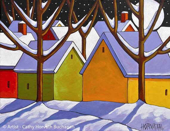 Giclee Winter Night Moon By Cathy Horvath 8x11 Modern Folk Art Etsy etsy