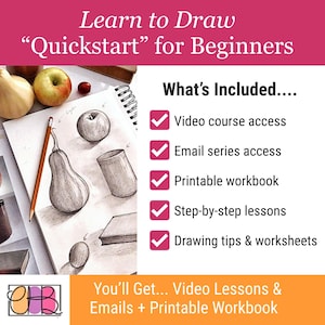 Könnte beinhalten: Ein Bild eines Zeichenkurses für Anfänger. Ein Skizzenbuch mit Bleistiftzeichnungen von Obst und einem Zylinder, neben einem Bleistift und frischem Obst. Der Text lautet "Learn to Draw Quickstart for Beginners" und listet die enthaltenen Elemente auf.