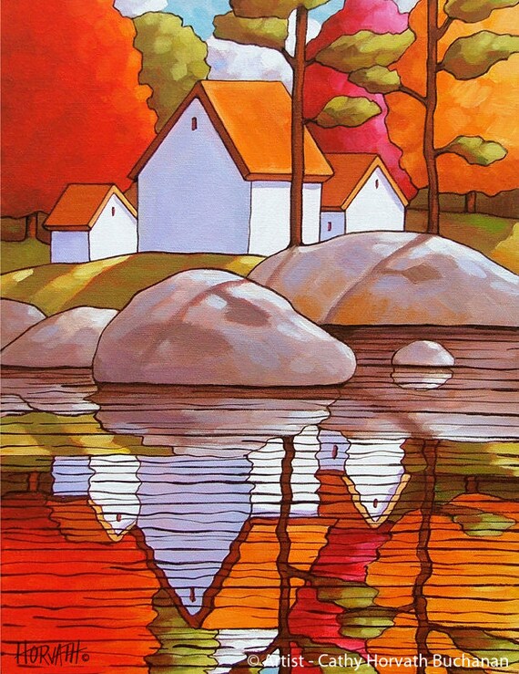 Lodge River Landscape Autumn Cabin Folk Art Print Fall Trees Etsy