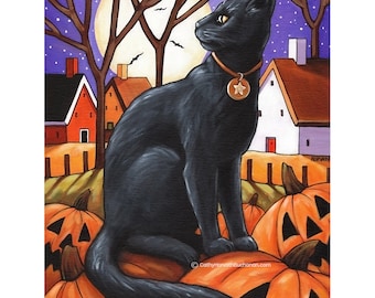 Black Cat Moon 8x11 Halloween Pumpkins Folk Art Print, Seasonal Fall Giclee Home Wall Decor by Artist Cathy Horvath, Autumn Wall Art Picture