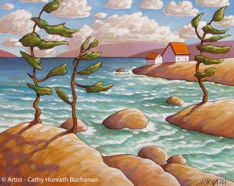 Windy Waves 8x11 Art Print Coastal, Summer Cottage Ocean View, Modern Folk Art Seaside Lodge Landscape by Horvath, North Lake House Art Gift