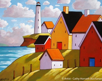 Lighthouse Hillside 8x11 Art Print Landcape Giclee, Cottage View Folk Art Coastal Colors Seascape Artwork by Cathy Horvath Buchanan