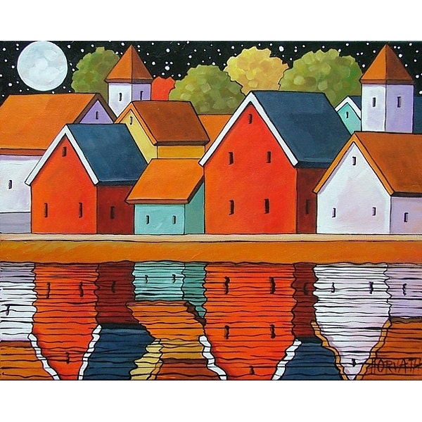 ORIGINAL PAINTING Folk Art Town Moon Pier Water Modern Landscape Colorful Contemporary Abstract  Artwork by Cathy Horvath Buchanan 16x20