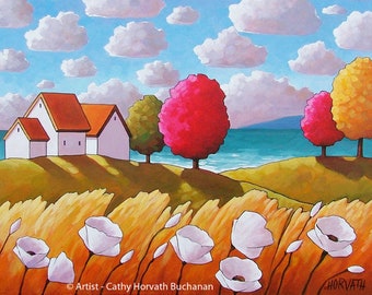 Ocean Blooms Landscape 8x11 Art Print Giclee, Summer Cottage Flowers, Coastal Lake View Folk Art Home Cottage Wall Decor Artwork by Horvath