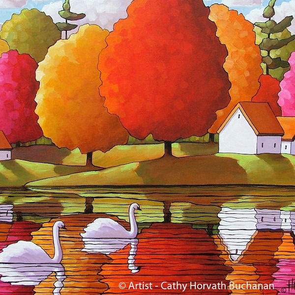 Fall Swans 8x11 Art Print Giclee, Autumn River Reflections Modern Folk Art, Colorful Trees Waterside Landscape by Horvath, Home Decor Art