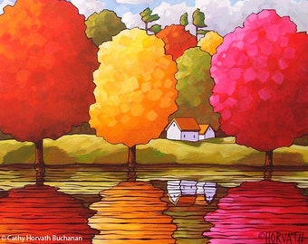 Autumn River 5x7 Art Print, Fall Folk Art Landscape Waterside Trees, Cottage Water Reflections Wall Artwork, Picture Home Wall Decor