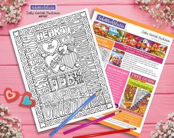 Valentine Adult Coloring Page Art, Feb 14 Love Hearts Words Romantic Coloring Sheet PDF Instant Download, Printable Digital Illustration