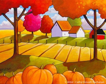 Pumpkin Fields Fall 5x7 Art Print Giclee, Farm Cottage Harvest, Country Autumn Thanksgiving Folk Art Print by Horvath, Fall Artwork Decor