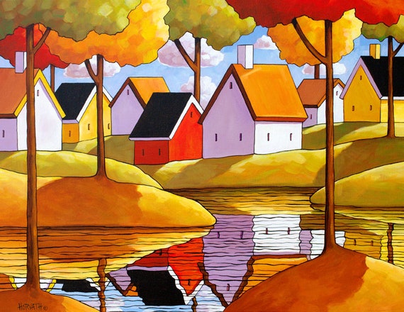 River Cottage Water Reflection 11x14 Folk Art Print Summer Etsy