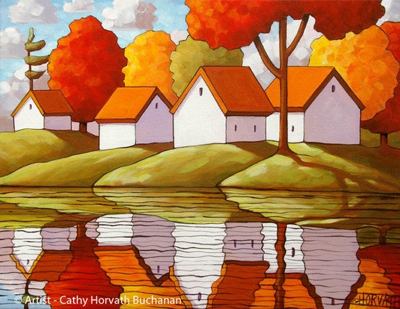 Seasonal Home Decor Artwork Gift Winter Snow 5x7 Print Giclee by Cathy Horvath Christmas Cabin Folk Art Print River Reflection Landscape