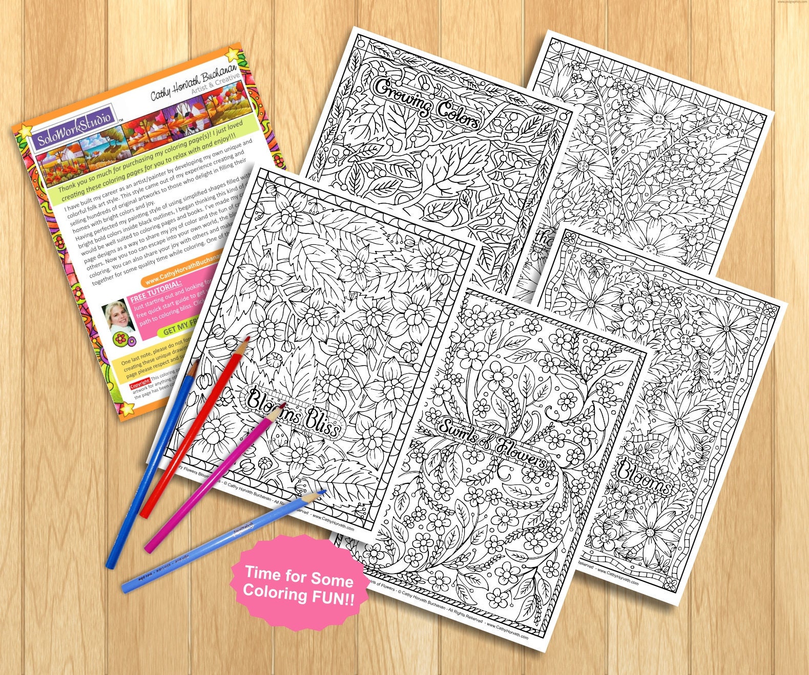 Flower Doodle Art Coloring Pages 5 Pack Printouts Floral - Etsy