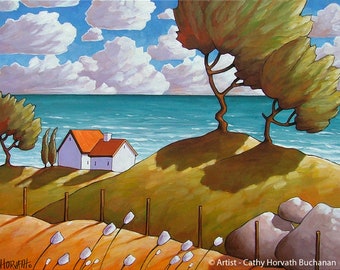 Coastal Folk Art Print 8x11 Summer Seascape Seaside, Windy Wave Cottages, Modern Acid Free Giclee Artwork by Atist Cathy Horvath Buchanan