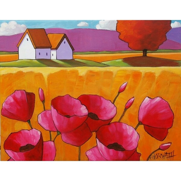 PAINTING ORIGINAL Folk Art Abstract Pink Poppy Flower Blossoms Yellow Grasses Modern Landscape Colorful Contemporary Artwork Horvath 11x14