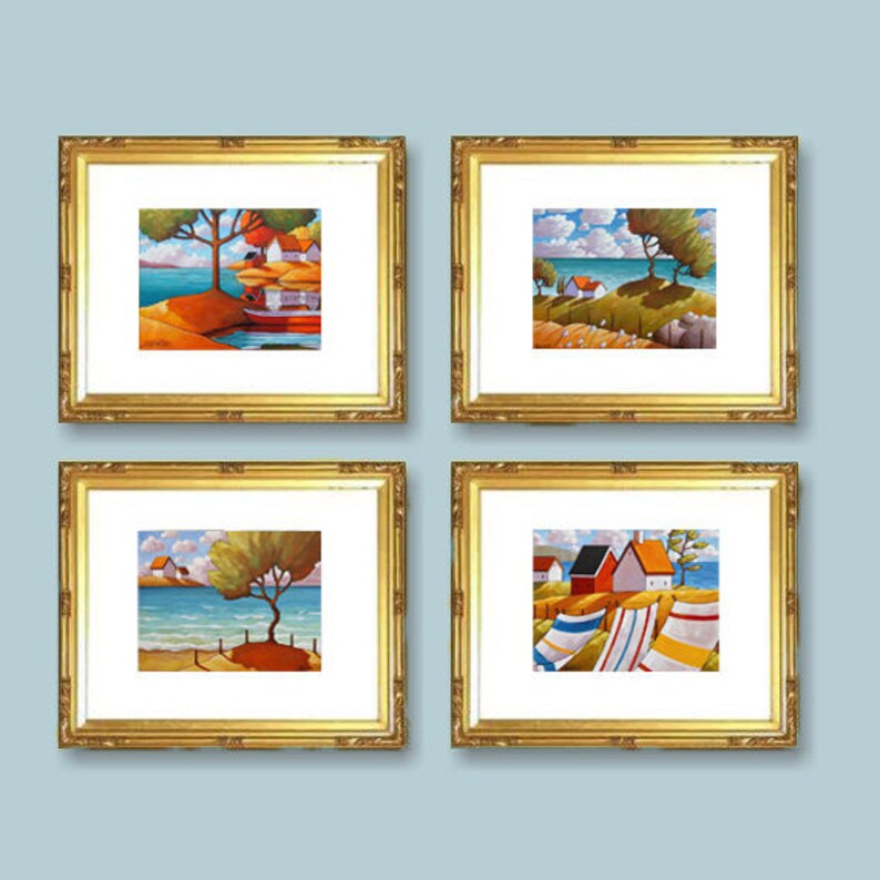 Set of 4 Coastal Seaside Artwork Summer Ocean Cottages Etsy