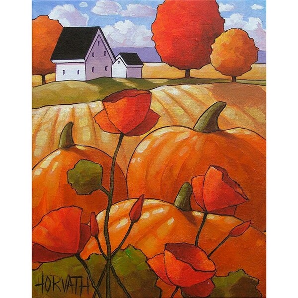 PAINTING ORIGINAL Folk Art Pumpkins Poppies Cottage Fields Modern Landscape Colorful Abstract Artwork by Cathy Horvath Buchanan 11x14