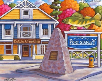 Port Stanley Kettle Creek Inn 6x8 Folk Art Print, Colorful Village Picture Wall Decor, 5x7 Artwork Gift Idea by Artist Cathy Horvath