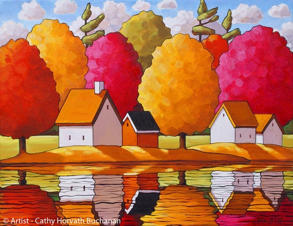 Autumn River Cottage Water Reflection Art Print Fall Trees Etsy